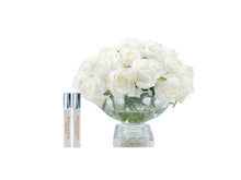 Load image into Gallery viewer, COTE NOIRE LUXURY CENTREPIECE - 37 ROSEBUDS IN IVORY WHITE & SILVER BADGE