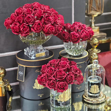 Load image into Gallery viewer, COTE NOIRE LUXURY CENTREPIECE 37 ROSE BUD BOUQUET - RED & GOLD BADGE