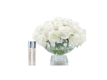 Load image into Gallery viewer, COTE NOIRE LUXURY CENTREPIECE - 37 ROSEBUDS IN IVORY WHITE &amp; SILVER BADGE
