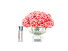 Load image into Gallery viewer, COTE NOIRE LUXURY CENTREPIECE - 37 ROSEBUDS IN PEACH &amp; SILVER BADGE
