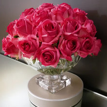 Load image into Gallery viewer, COTE NOIRE LUXURY CENTREPIECE - 37 ROSEBUDS IN MAGENTA &amp; SILVER BADGE
