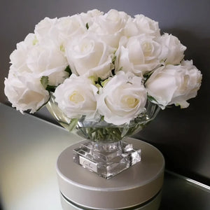 COTE NOIRE LUXURY CENTREPIECE - 37 ROSEBUDS IN IVORY WHITE & SILVER BADGE