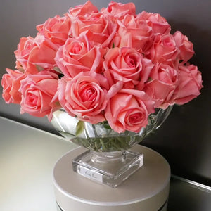 COTE NOIRE LUXURY CENTREPIECE - 37 ROSEBUDS IN PEACH & SILVER BADGE