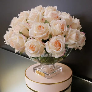 COTE NOIRE LUXURY CENTREPIECE - 37 ROSEBUDS IN BLUSH & GOLD BADGE