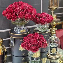 Load image into Gallery viewer, COTE NOIRE LUXURY CENTREPIECE 37 ROSE BUD BOUQUET - RED &amp; GOLD BADGE
